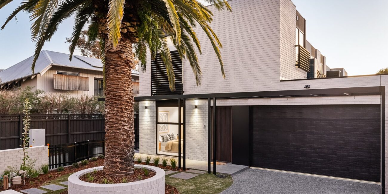 Close-up exterior view of the front unit of the Sandringham townhouses.