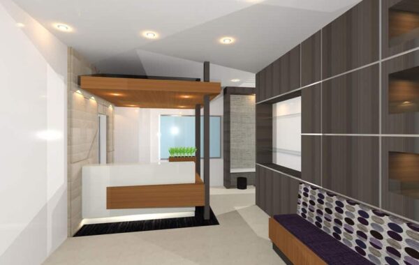 3D render of a reception area at the Farris office.